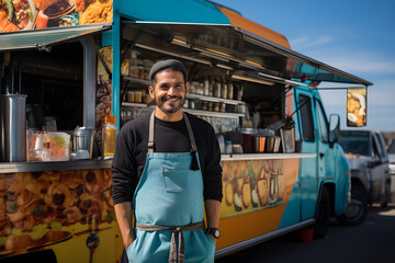 Smilling chef standing in front of a food truck and looking at the camera. Commercial truck selling street food in a modern place. Illustration, generative Ai