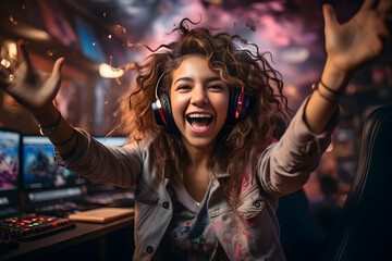 Professional E-Sport gamer teenager woman with happy expression in cybergame tournaments. Shooters, cyber sport, esport concept Generative Ai, illustration - obrazy, fototapety, plakaty
