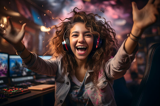 Professional E-Sport gamer teenager woman with happy expression in cybergame tournaments. Shooters, cyber sport, esport concept Generative Ai, illustration