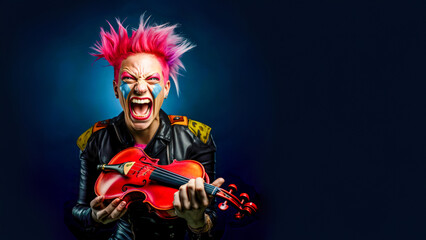 A Punk Woman with Pink Mohawk Holding a classic Violin in a Black Leather Jacket