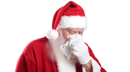Santa Claus has caught a cold. sneezing into tissue. 