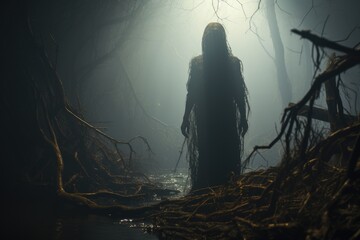 Eerie Enigma: The Intriguing Tale of a Creepy Shady Figure in a Foggy Forest - obrazy, fototapety, plakaty