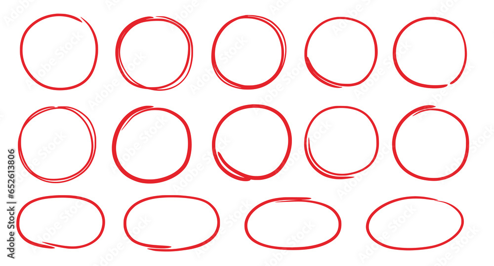 Poster hand drawn red oval set. hand drawn doodle marker, pen stroke line highlight oval frame. scribble ro