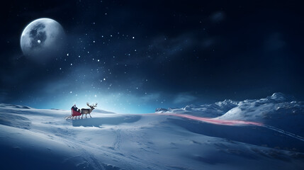 Santa Claus is on the move, riding his reindeer. His magical sleigh soars through the Christmas fairy forest against the backdrop of a massive moon. Christmas and new year background design.  - obrazy, fototapety, plakaty