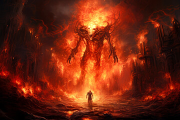 Fantasy landscape with a man and a monster in the fire.