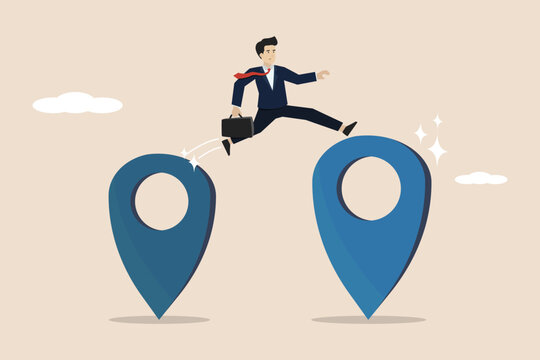 Business relocation, moving office to new address or transfer new workplace, businessman company owner jumping from map navigation pin to new metaphor of relocation. Businessman illustration.