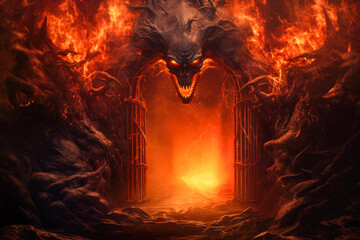 Door to hell with fire and smoke. - obrazy, fototapety, plakaty