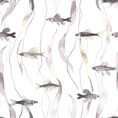 Animal seamless pattern with abstract fishes and seaweeds, watercolor isolated illustration for textile or wallpapers, hand drawn print. © Nikole