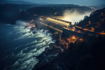 Electricity generating dam at night time, Generate with Ai - Powered by Adobe