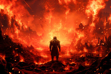 Fantasy landscape with a man in the fire.