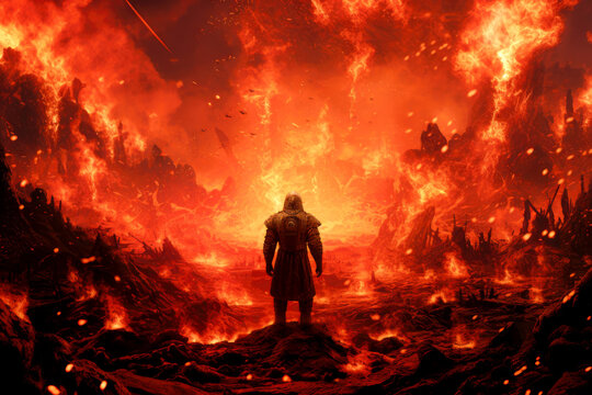 Fantasy landscape with a man in the fire.