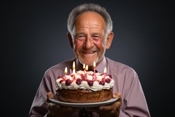 elderly man holding a birthday cake (Generative AI)