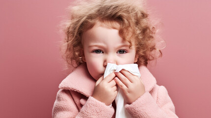 A child wiping her runny nose in a portrait.