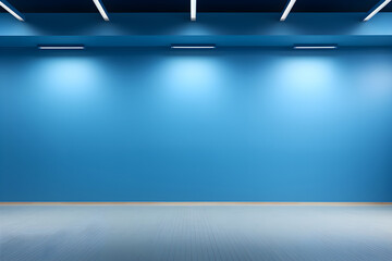 Fototapeta premium Modern empty room with blue color wall and wooden floor. Generative Ai.