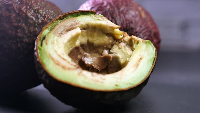 A rotten avocado on a white background.