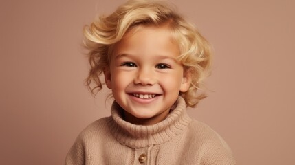A blond-haired boy's radiant smile stands out against a calming beige canvas.