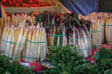 Fresh locally grown white asparagus for sale at a farmers market on Place Broglie Square in the historic center of Strasbourg, Alsace, France