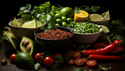 Freshness and variety on a wooden table  lime, tomato, cilantro, avocado, garlic, parsley, chili pepper, lemon, bell pepper generated by AI