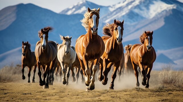 A herd of wild horses is running. Side view, a wild horse is running powerfully in front of the herd, the leader looks back at his subordinate. Natural background and mountains