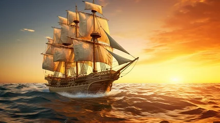 Fotobehang A Side view of an ancient junk ship, side view of a golden ancient junk ship sailing in the ocean, a big elegant ancient junk ship dancing in the middle of the sea © Phoophinyo