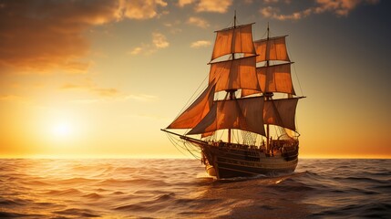 Obraz premium A Side view of an ancient junk ship, side view of a golden ancient junk ship sailing in the ocean, a big elegant ancient junk ship dancing in the middle of the sea
