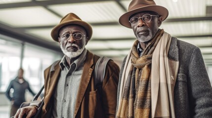 A portrait of two senior friends, luggage in tow, looking sharp and cheerful at the airport.