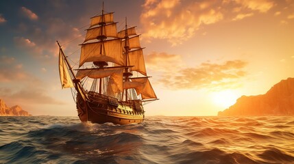 Obraz premium A Side view of an ancient junk ship, side view of a golden ancient junk ship sailing in the ocean, a big elegant ancient junk ship dancing in the middle of the sea