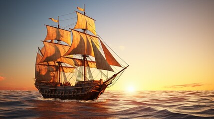 Obraz premium A Side view of an ancient junk ship, side view of a golden ancient junk ship sailing in the ocean, a big elegant ancient junk ship dancing in the middle of the sea