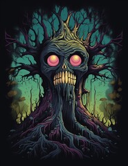 Old tree monster. Fantasy Art.  Illustration of an old tree monster, fairy tale and fantasy design. AI Generated.