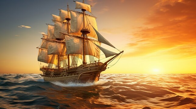 A Side view of an ancient junk ship, side view of a golden ancient junk ship sailing in the ocean, a big elegant ancient junk ship dancing in the middle of the sea