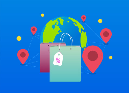 Global Business and International Cooperation. Internet Shopping and E-Commerce - Global Package Delivery Concept. Glocalization vector illustration isolated on blue background with icons