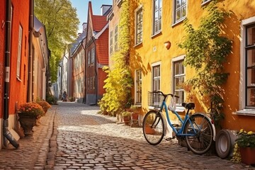 Historical alley with traditional Swedish houses in Malmö Old Town. Cobblestone pathway adorned with bicycles represents Nordic architecture. Generative AI