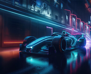 Formula 1 racing car in the neon light of the city streets - obrazy, fototapety, plakaty