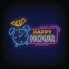 Neon Sign happy hour with brick wall background vector