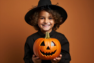 Happy children hold a pumpkin in Halloween party, studio shot, copy space. Illustration, generative Ai