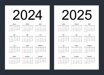 Simple editable vector calendars for year 2024, 2025. Week starts from Sunday. Vertical. Isolated vector illustration on white background.