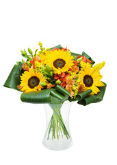 Beautiful huge bouquet of sunflowers with lilies in vase on white background