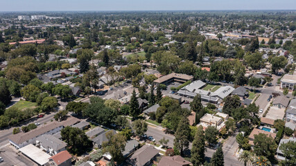 Afternoon light shines on housing adjacent to downtown Lodi, California, USA.