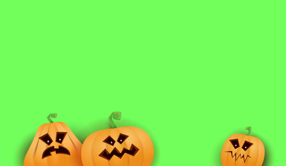 Halloween Horizontal web Banner or poster with Halloween scary pumpkins isolated on green screen background. Funky kids Halloween background with space for text