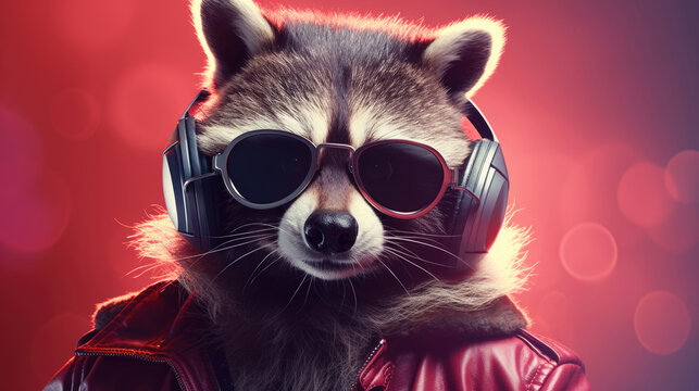 A trendy raccoon wearing sunglasses and earphones,  moonwalking with finesse