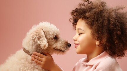 A smiling little girl and her pet dog in a pink background.