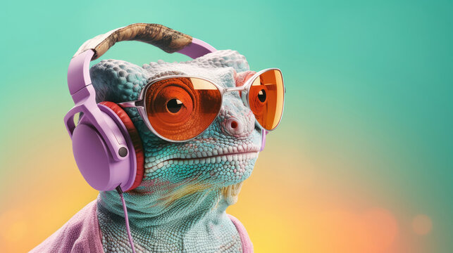 A snazzy chameleon in shades and earbuds,  blending into the vibe