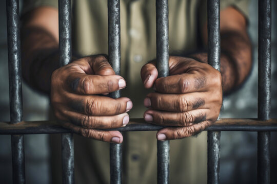 The male prisoner grabbed the prison bars with his hands. The pain and suffering of the prisoner. The inevitability of a judicial verdict. Hopelessness. The punishment of the criminal.