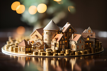 Miniature about the value of property management, buildings, coins, with blurred background, copy space for text. - obrazy, fototapety, plakaty