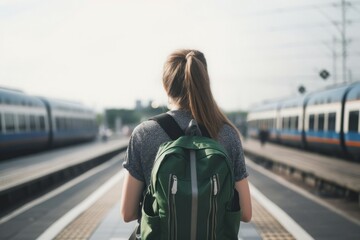 Woman traveler station. Generate Ai