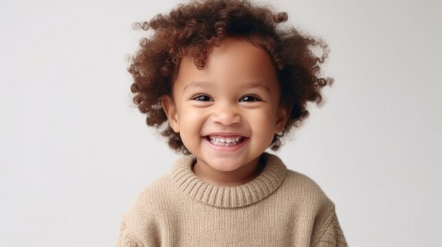 The pure delight of childhood in the smile of an African American toddler against a light beige backdrop.