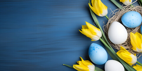 Fototapeta na wymiar yellow tulips and easter eggs,Happy easter card. frame with yellow tulips and easter quail eggs