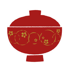 Obraz premium 梅柄の赤い蓋付き漆塗り椀／手描き風ベクターイラスト