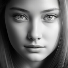 Monochrome detailed graphite pencil drawing, portrait of a beautiful young woman.  Generative AI