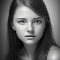 Fototapeta premium Monochrome detailed graphite pencil drawing, portrait of a beautiful young woman. Generative AI